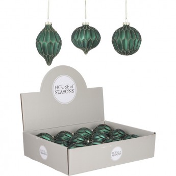 Набор HOUSE OF SEASONS, 12 шт. Шар/капля/шар-луковица, изумрудный, с золотым узором, диам. 8 см