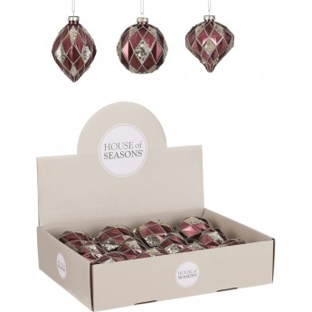 Набор HOUSE OF SEASONS, 12 шт. стеклянных новогодних шаров, диам. 8 см, бордовый, 3 вида