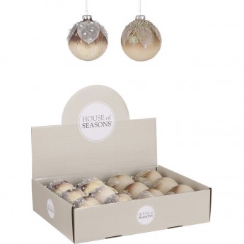 Набор HOUSE OF SEASONS, 12 шт. стеклянных новогодних шаров, диам. 8 см, коричневый/кремовый, с листьями, с блестками, 2 вида