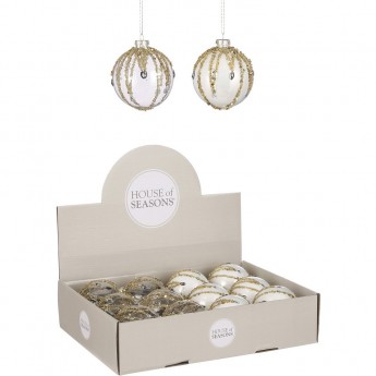 Набор HOUSE OF SEASONS, 12 шт. стеклянных новогодних шаров, диам. 8 см, прозрачный/белый, с бисером, 2 вида