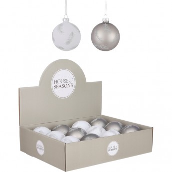 Набор HOUSE OF SEASONS, 12 шт. стеклянных новогодних шаров, диам. 8 см, серый/белый, 2 вида