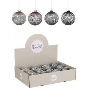 Набор HOUSE OF SEASONS, 12 шт. стеклянных новогодних шаров, диам. 8 см, серый с блестками, 2 вида