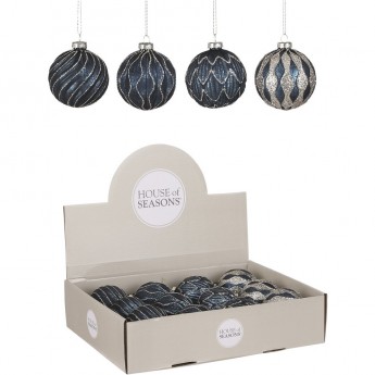 Набор HOUSE OF SEASONS, 12 шт. стеклянных новогодних шаров, диам. 8 см, синий с серебром, 2 вида