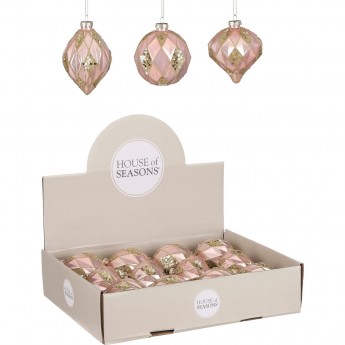 Набор HOUSE OF SEASONS, 12 шт. стеклянных новогодних шаров, диам. 8 см, светло-розовый, 3 вида