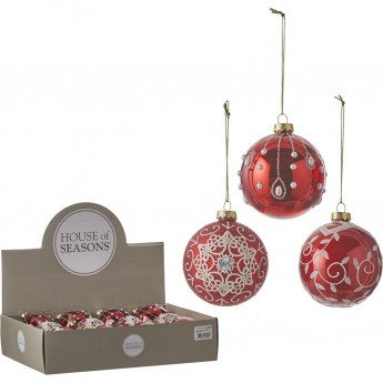 Набор HOUSE OF SEASONS, 12 шт. стеклянных шаров, диам. 8см, красный, 3 вида