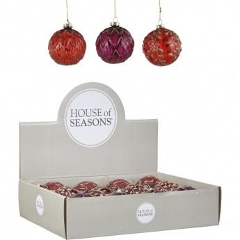 Набор HOUSE OF SEASONS, 12 шт. стеклянных шаров, диам. 8см, красный/сливовый, 3 вида