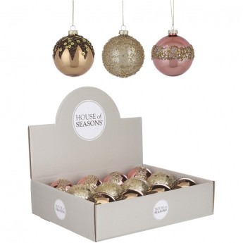 Набор HOUSE OF SEASONS, 12 шт. стеклянных шаров, диам. 8см, розовый/золото/бронза